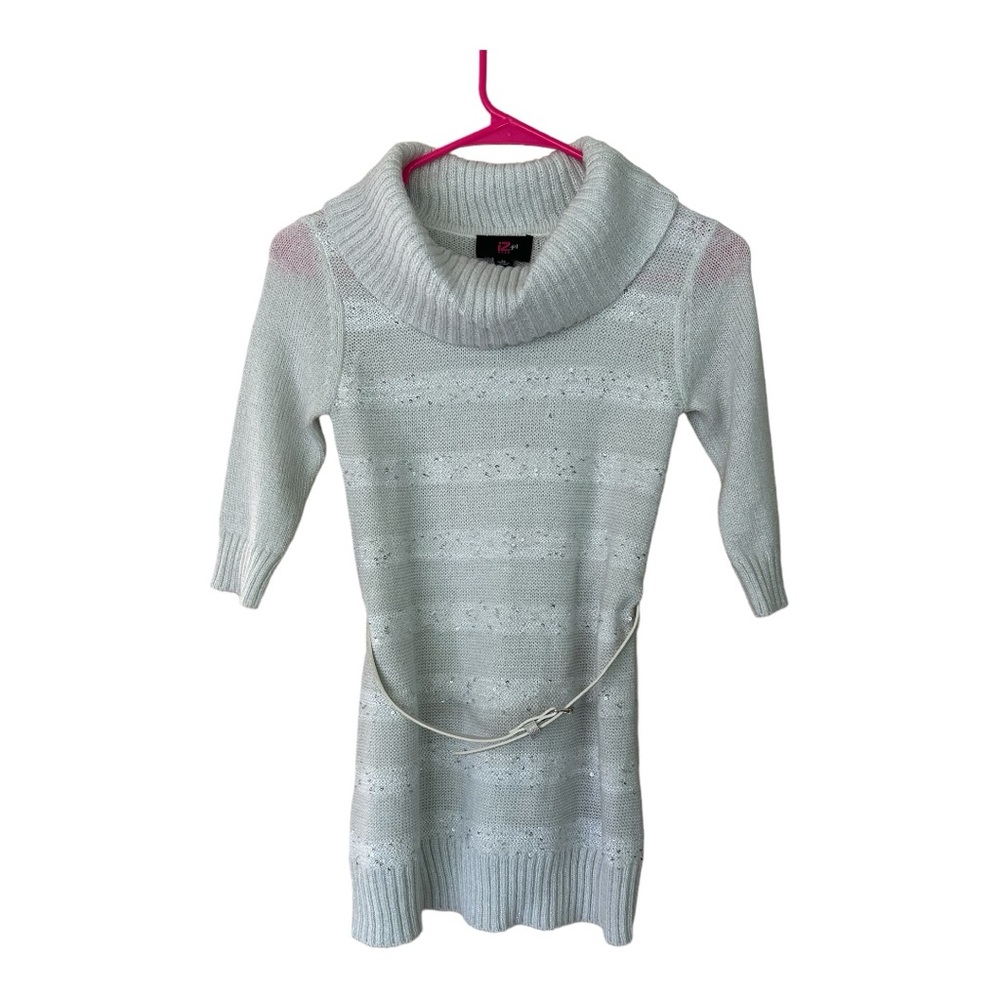 iZ Byer Girl 3/4 Sleeve Cowl Neck Belted Silver Sequin Sweater Dress Medium